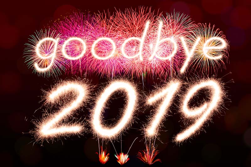 goodbye 2019 written from Sparkle firework over firework background
