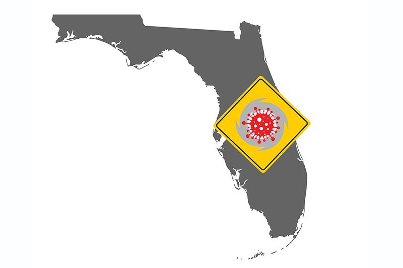 Map of Florida and traffic sign hurricane warning
