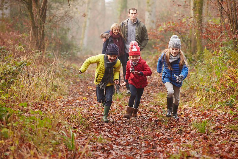 Family Walking Through Winter Woodland Having Fun