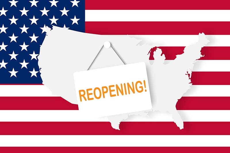 Concepts of reopening America after quarantine the country for prevention coronavirus pandemic outbreak. Illustration of USA map and open text on USA flag background