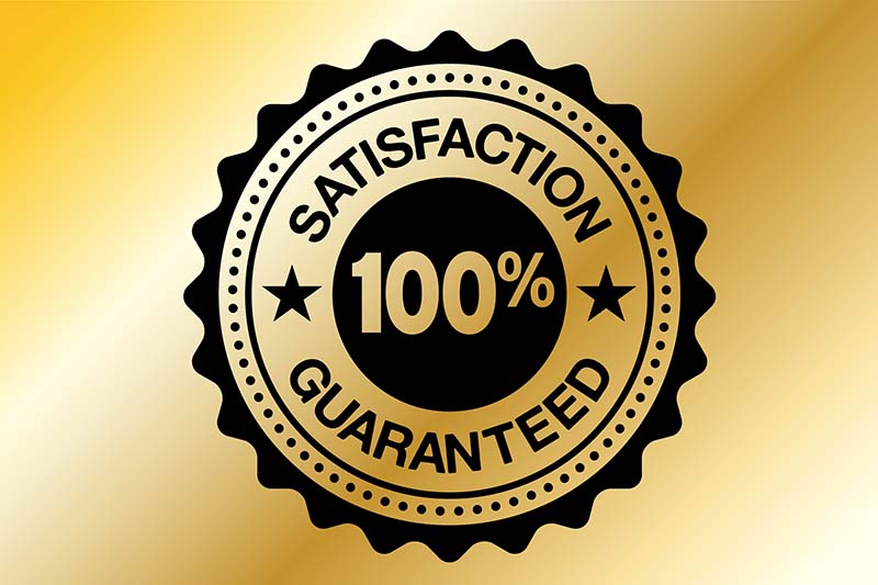 Satisfaction Guaranteed 100% Quality Badge. This royalty free vector illustration has a Satisfaction Guaranteed 100% written on a round badge. The badge is black and white in color and also has two more alternate versions in black and gold. The gold texture is shiny and has a gradient. This image is perfect for use in print, online and on mobile devices. Image is elegant and effective!