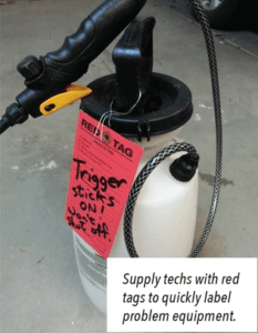 Red tags identify malfunctioning tools in need of equipment repair
