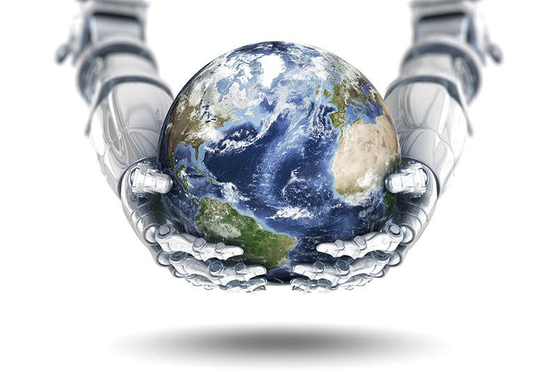 Earth in the being held in robotic hands