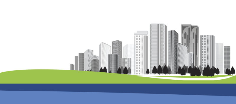 Vector Design - Eps10 Building and City Illustration, City scene, Town and Nature green field landscape