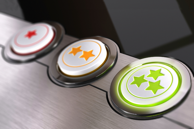 Customer feedback concept, based on stars from one to three, conceptual 3D render symbol of excellent and positive client satisfaction. Blur effect