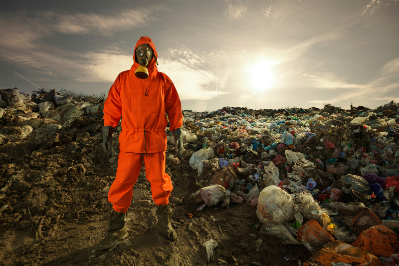 Environmental engineer standing on the landfill in front of the municipal waste.