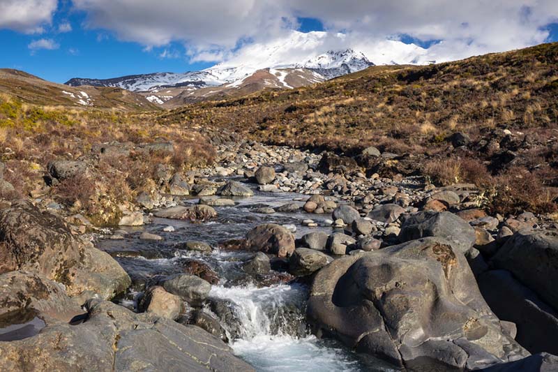 A stream flowing off the side of Mount Ruapehu in spring, at the top of Taranaki Falls in Tongariro National Park, New Zealand.