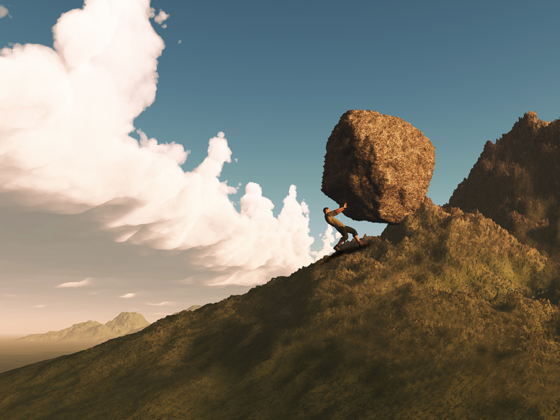 3D render of a male figure pushing a huge rock up a mountain