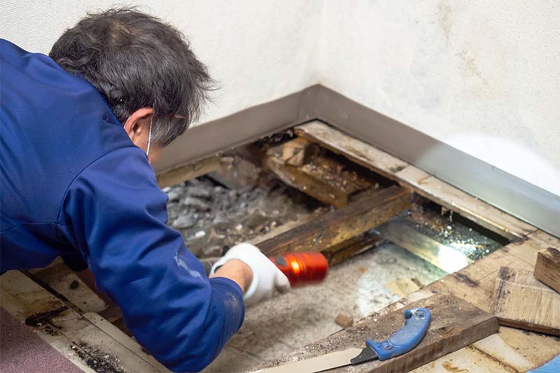 Japanese construction worker checking the underfloor space.
