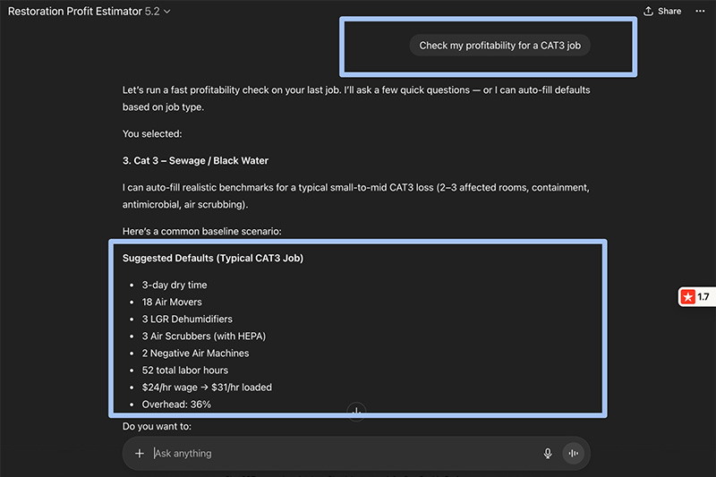 Restoration Profit Estimator 800