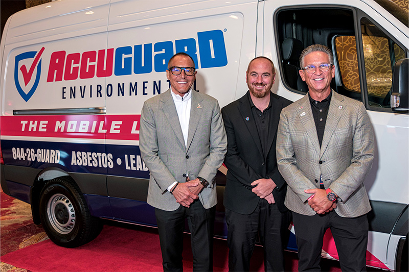From left, PuroSystems Vice Chairman Frank Torre, AccuGuard Founder & President Ben Doubler, and PuroSystems Chairman & CEO Mark W. Davis in front of The Mobile Lab™—AccuGuard’s mobile environmental testing van designed to streamline the traditional testing process, making results possible within hours rather than days.