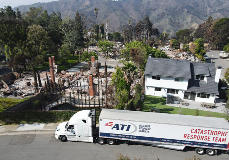 ATI Restoration truck in front of the LA wildfire damage