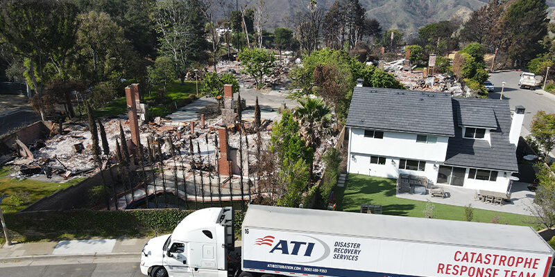 ATI Restoration truck in front of the LA wildfire damage