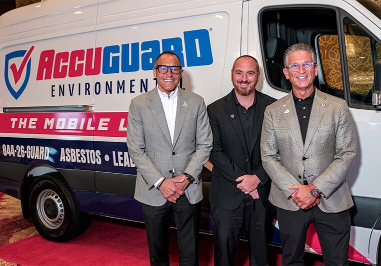 From left, PuroSystems Vice Chairman Frank Torre, AccuGuard Founder & President Ben Doubler, and PuroSystems Chairman & CEO Mark W. Davis in front of The Mobile Lab™—AccuGuard’s mobile environmental testing van designed to streamline the traditional testing process, making results possible within hours rather than days.