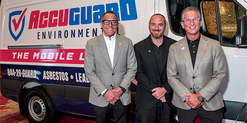 From left, PuroSystems Vice Chairman Frank Torre, AccuGuard Founder & President Ben Doubler, and PuroSystems Chairman & CEO Mark W. Davis in front of The Mobile Lab™—AccuGuard’s mobile environmental testing van designed to streamline the traditional testing process, making results possible within hours rather than days.