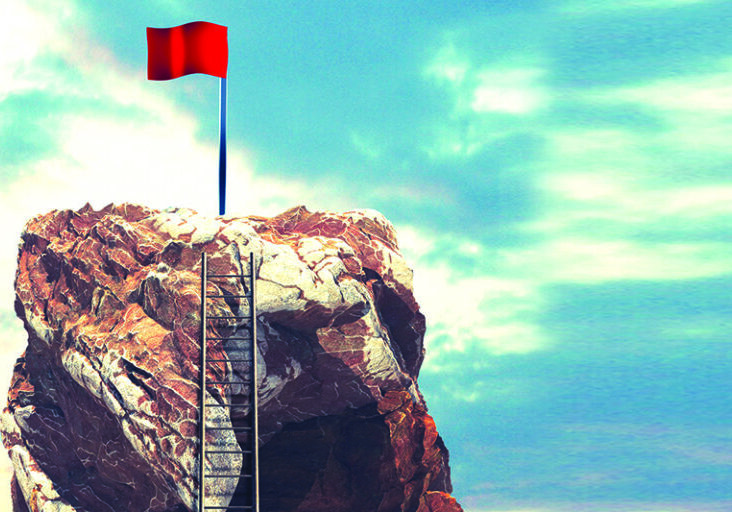 Ladder on a mountain peak leading to a red flag.