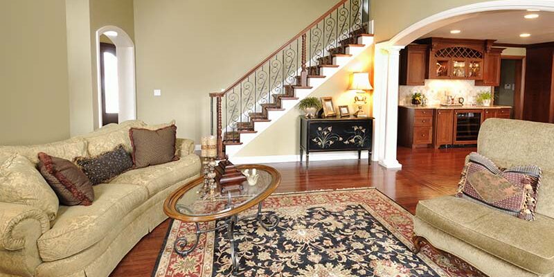 Home Interior Living Room, Persian Rug, Pillars, Staircase, Spacious, Open