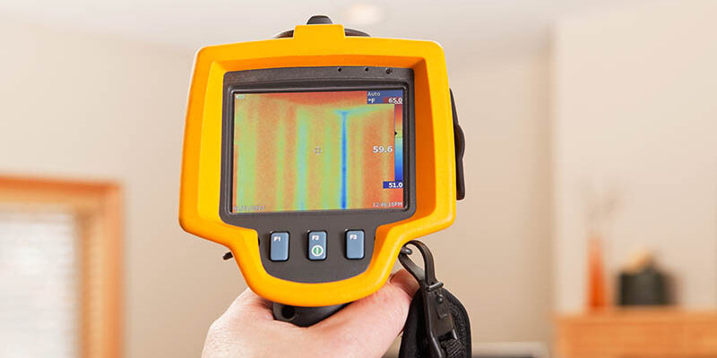 An infrared thermal imaging system being used during a home energy audit. The camera is pointed to a house living room wall and shows a distinct blue (cold) area within the home’s insulation. The center target area reads 59.6 degrees with a range of 51 to 65 degrees in the area. The blue area is a stud behind the wall, this is a typical reading in any stick built home. The wood's R-value is less than the insulation so the camera reads cooler in this area. Energy audits are performed to determine how efficient the house is and to suggest steps to increase energy efficiency. To the left is a window frame, the camera is pointed above a TV with a fireplace mantle on the right.