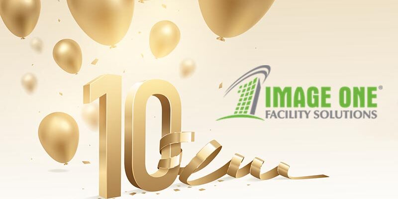 10th Anniversary celebration background. 3D Golden numbers with bent ribbon, confetti and balloons.