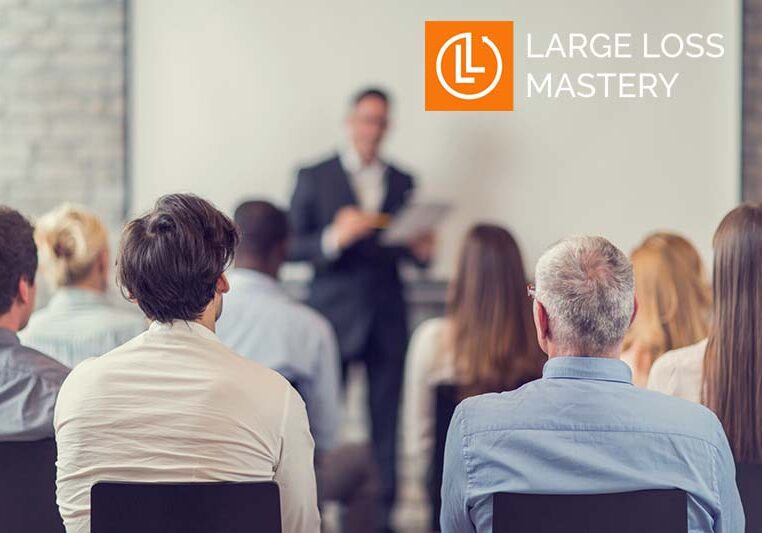 Rear view of large group of business people on a training. Focus is on foreground.