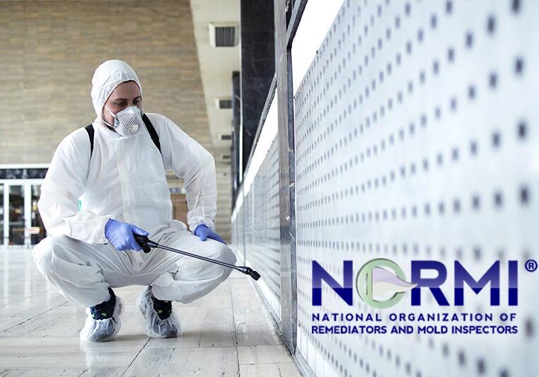 Shot of male person in white chemical protection suit doing disinfection of public areas to stop spreading highly contagious corona virus. Stop coronavirus or COVID-19.