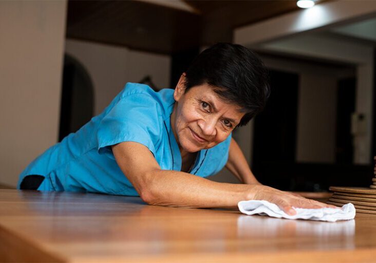 Older Hispanic woman cleaning a table