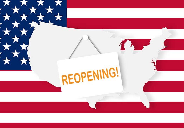 Concepts of reopening America after quarantine the country for prevention coronavirus pandemic outbreak. Illustration of USA map and open text on USA flag background