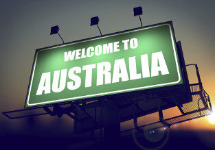 Billboard Welcome to Australia at Sunrise.