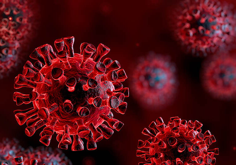 Corona Virus In Red Background - Microbiology And Virology Concept - 3d Rendering