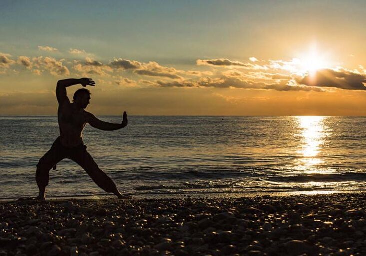 Silhouette of a man practices wing-chun on the beach.