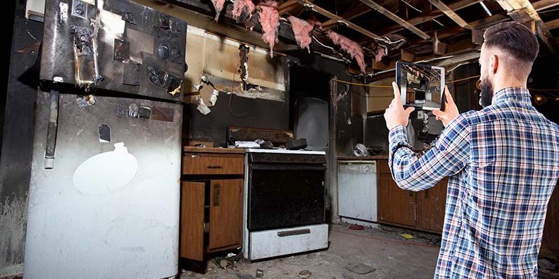 Soot covered kitchen appliances in a home gutted by fire