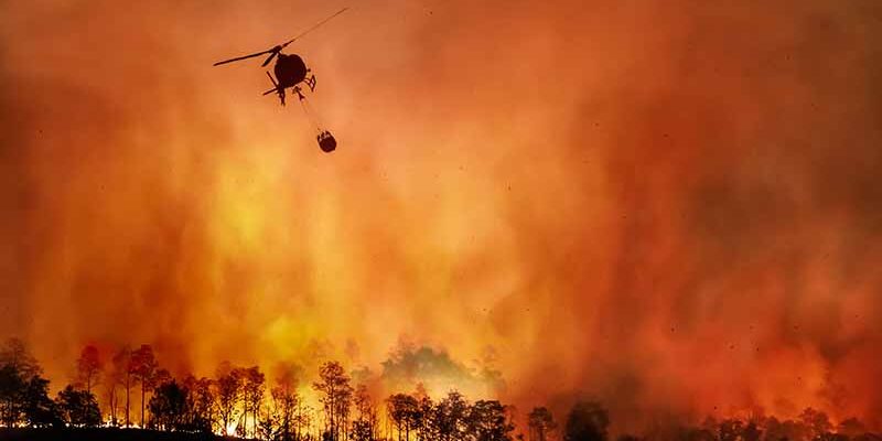 Fire fighting helicopter carry water bucket to extinguish the forest fire