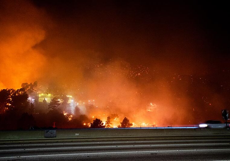 Getty fire at Los Angeles - California. Bel air and Getty museum area. 405 highway traffic