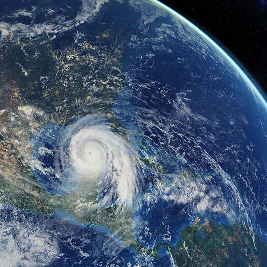 hurricane approaching the American continent visible above the Earth, a view from the satellite.