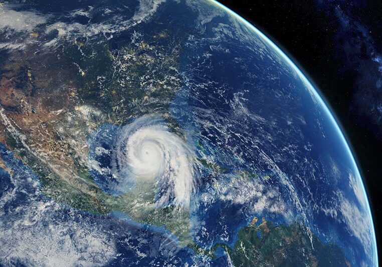 hurricane approaching the American continent visible above the Earth, a view from the satellite.