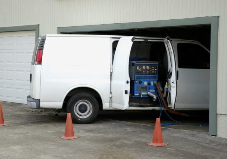 Carpet cleaning van inside garage's apartment.