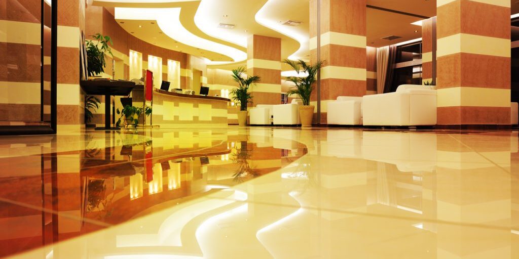 Empty brand new marble entrance / lobby of hotel at night. The reception is empty. Copy space. See also my Hotel lightbox.