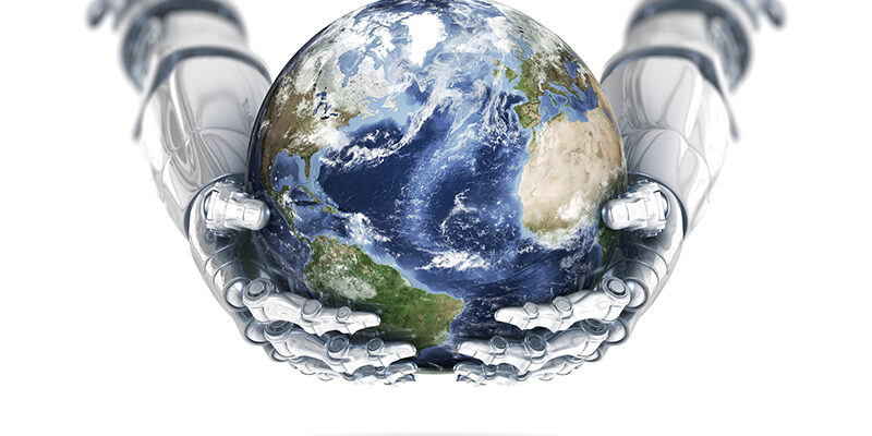 Earth in the being held in robotic hands