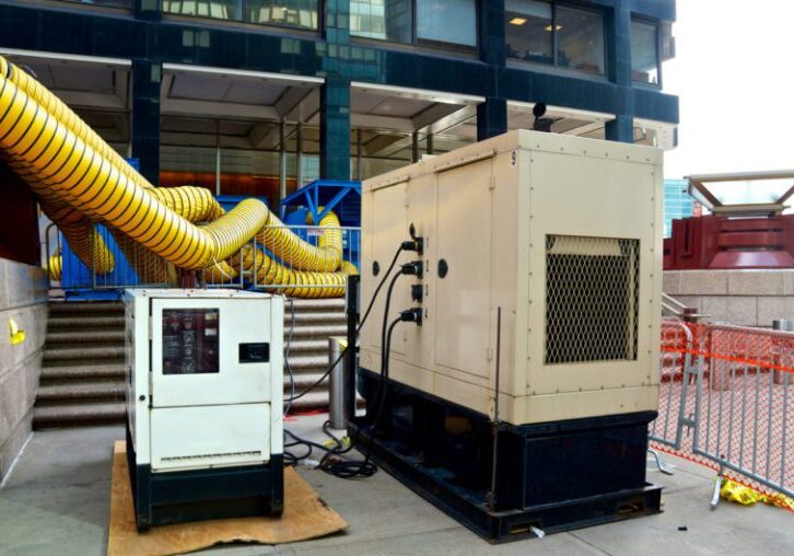 "New York City, USA - December 12, 2012: Six weeks after Hurricane Sandy machinery to create heated air is seen at the entrance plaza to One New York Plaza, a skyscraper in Lower Manhattan which has large financial services corporations as tenants."