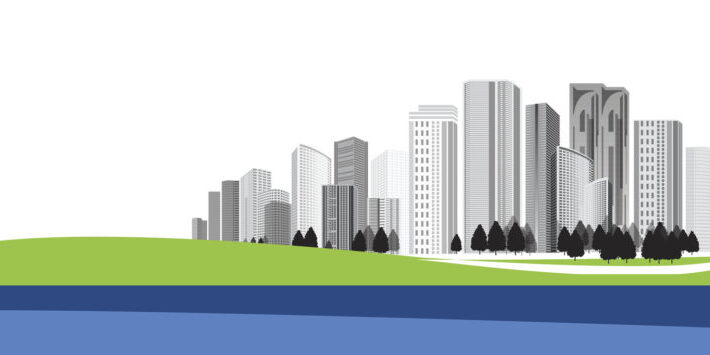 Vector Design - Eps10 Building and City Illustration, City scene, Town and Nature green field landscape