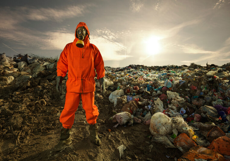 Environmental engineer standing on the landfill in front of the municipal waste.