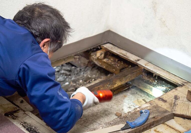 Japanese construction worker checking the underfloor space.